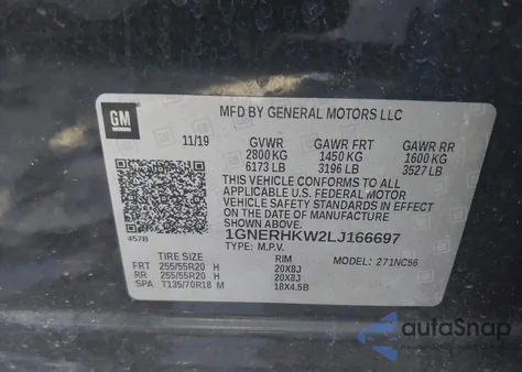 2020 Chevrolet Traverse Fwd Lt Leather из США, поврежденный, VIN 1GNERHKW2LJ166697